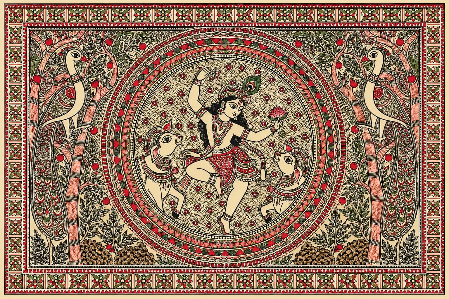 Krishna with Cow and Peacock