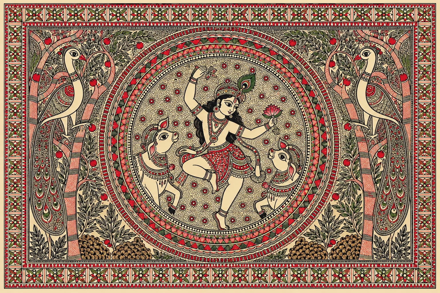 Krishna with Cow and Peacock