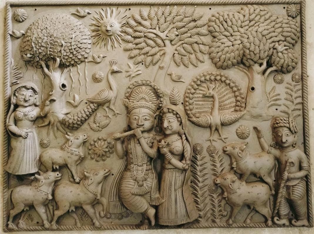 Krishna and Radha in the Pastoral Grove — Terracotta Relief Panel