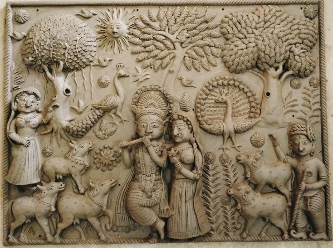 Krishna and Radha in the Pastoral Grove — Terracotta Relief Panel
